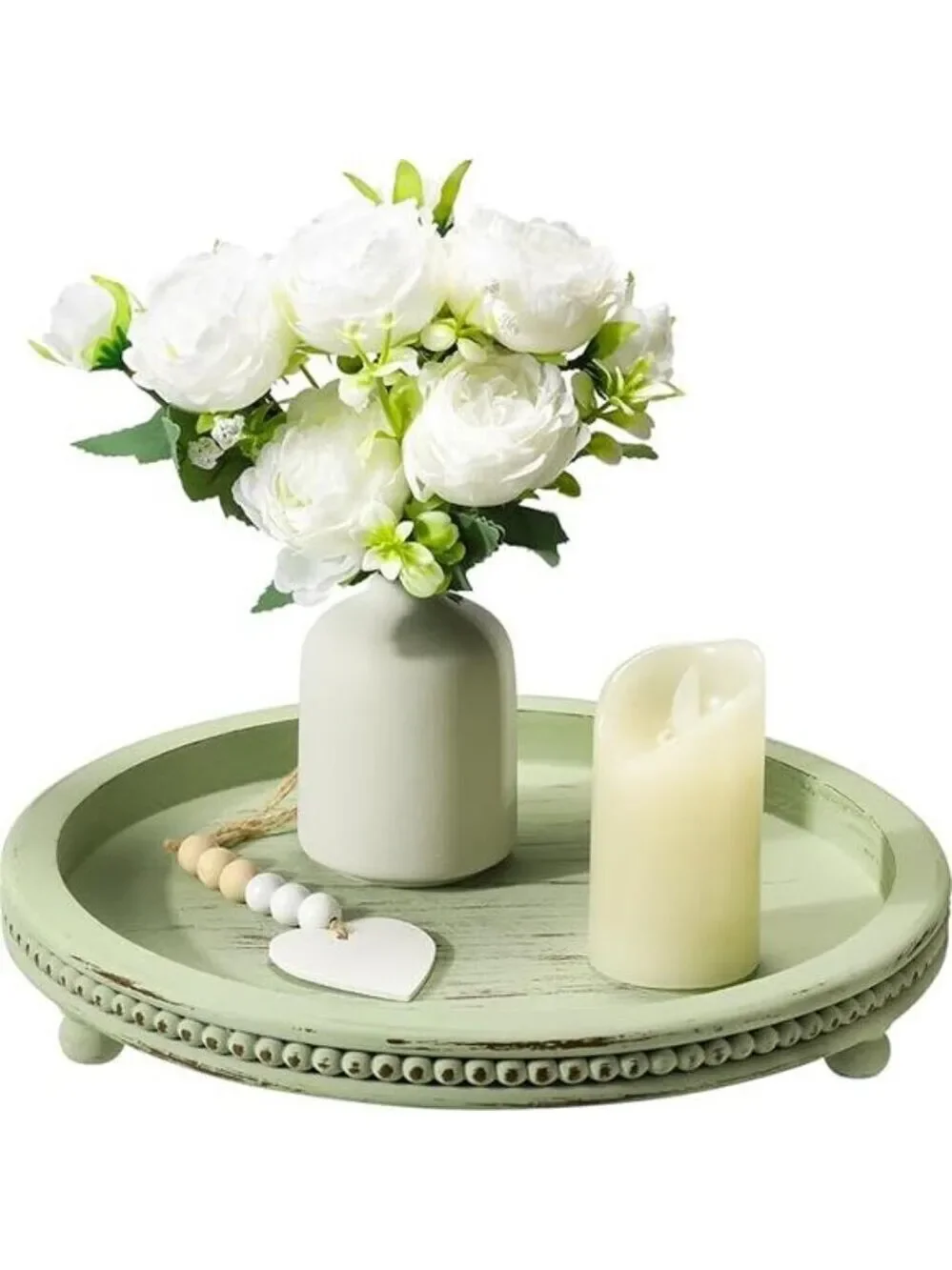 Wooden Beaded Round Tray Decorative Coffee Table Centerpiece Sage Farmhouse